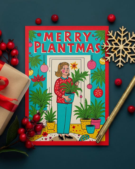 Merry Plantmas Christmas Card | Funny Retro Card for Plant Lovers | Humorous Christmas Card with Envelope