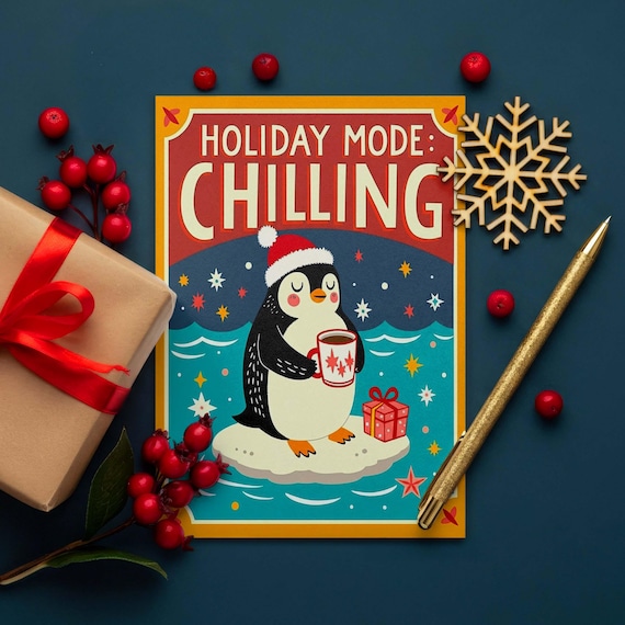 Penguin Christmas Card – Funny Winter Card – Holiday Fashion Chilling – Cute Animal Greeting Card – Handmade Retro XMAS Card