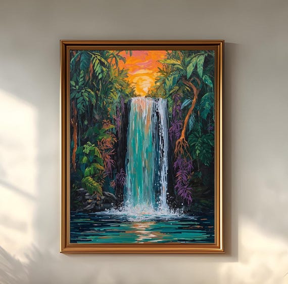 Born to Flow – Waterfall Art Print | Tropical Jungle Poster | Nature Wall Art | Sunset Landscape | Digital Download Printable Art