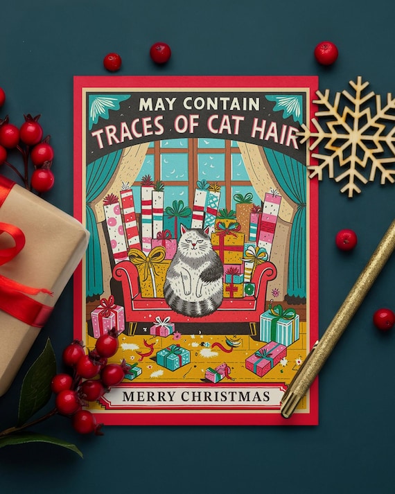 Christmas card “May Contain Traces of Cat Hair” · Funny retro animal card with cat · Humorous greeting card A6 with envelope