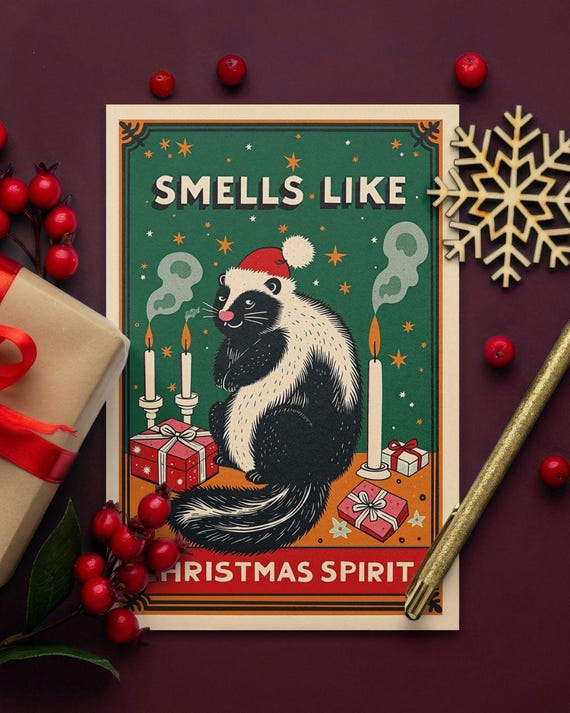 Funny Christmas card "Smells Like Christmas Spirit" | Funny animal card with a skunk | Humorous Christmas greeting card for friends