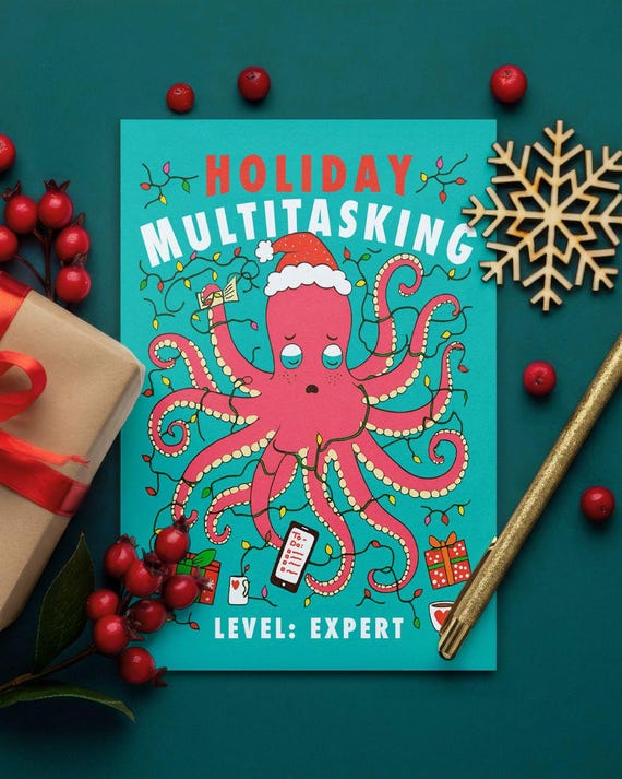 Christmas card "Holiday Multitasking – Level: Expert" | Funny retro greeting card with octopus | Humorous A6 Christmas card with envelope