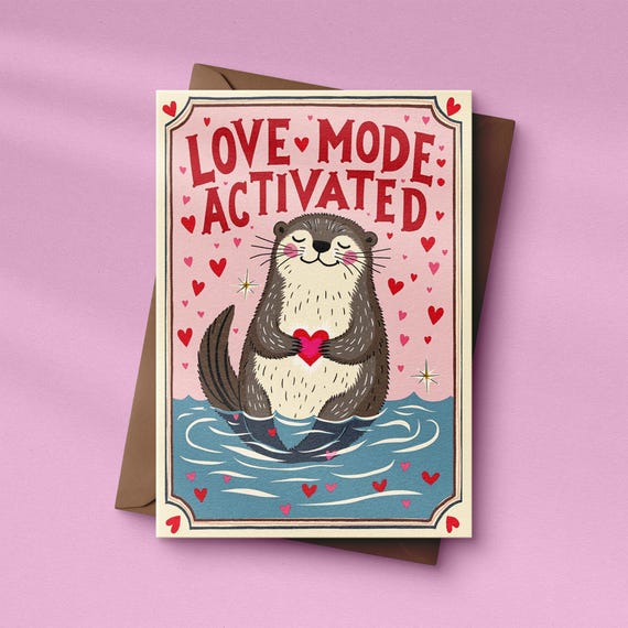 Love Mode Velantinstagskarte  | Otter Tierkarte für Paare | Romantische Grußkarte | Cute Otter Valentine Card