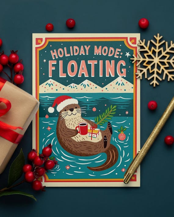 Otter Christmas Card – Holiday Mode Floating | Funny retro A6 Christmas card with envelope | Animal Christmas card | Humorous gift idea