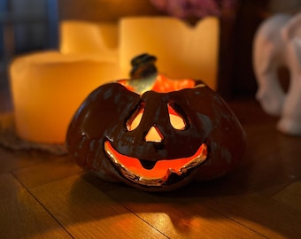 Handmade Ceramic Pumpkin Candle Holder | Halloween Jack-O'-Lantern Decor | Autumn Table Centerpiece