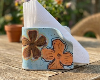 HandPainted Floral Napkin Holder, Blue Ceramic Napkin Stand, Boho Table Decor, Cottagecore Kitchen Accessory