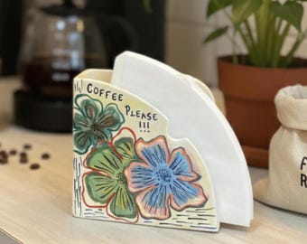 Ręcznie malowany uchwyt na filtry do kawy, ceramiczny stojak z motywem kwiatowym, dekoracja baru Cottagecore, organizer na filtry V60