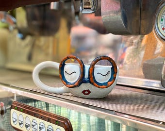 Funky Spotted Glasses Face Mug, Quirky 3D Ceramic Coffee Cup, Orange Eyewear Tea Bowl