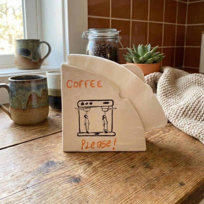 Może przedstawiać: Ceramiczny uchwyt na filtr do kawy ze słowami "Coffee" i "Please!" w pomarańczowych literach. Czarno-biała ilustracja ekspresu do kawy znajduje się r&oacute;wnież na uchwycie. Uchwyt stoi na drewnianej powierzchni, z kubkami do kawy i słoikiem z ziarnami kawy w tle.