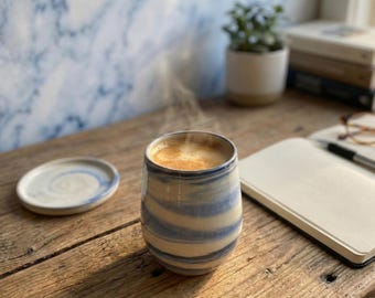 Juego de vasos de cerámica azul y blanca, taza de café sin asa, copa de vino de cerámica hecha a mano, decoración de cocina costera