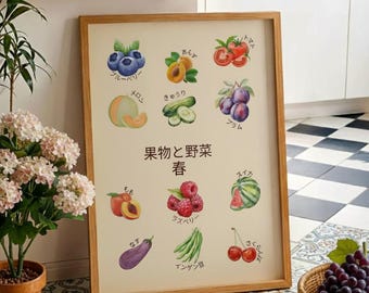 Lámina de frutas y verduras de temporada de verano japonesas: Decoración de cocina moderna (descarga digital)