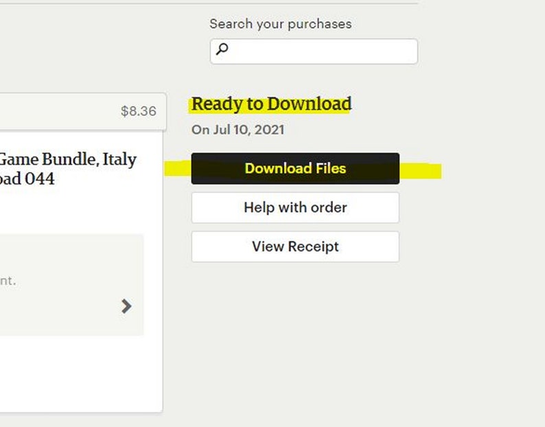 May include: A screenshot of a website showing a digital download purchase confirmation. The text "Ready to Download" is highlighted in yellow. The purchase is for a game bundle, and the download files are available. The purchase date is July 10, 2021.