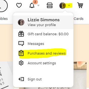 May include: A screenshot of a user's account menu on a website. The menu includes options to view the user's profile, check their gift card balance, view messages, access purchases and reviews, adjust account settings, and sign out.