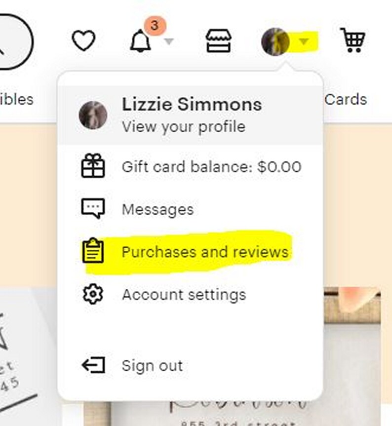 May include: A screenshot of a user's account menu on a website. The menu includes options to view the user's profile, check their gift card balance, view messages, access purchases and reviews, adjust account settings, and sign out.