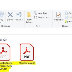 May include: A screenshot of a Windows computer showing the Downloads folder with two PDF files: "206RagFlagQuilta ndLargerBonusQuilt.pdf" and "Starsforflag.pdf".