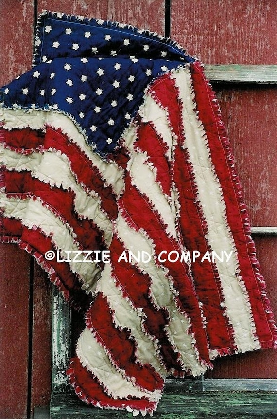 Rag Flag Quilt Pattern 42 X 27, Primitive Raggedy American Flag.