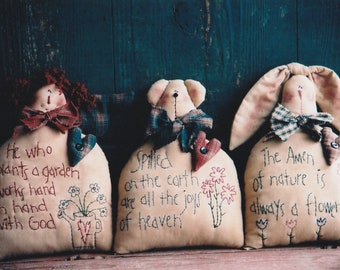 Raggedy Ann Puppenmuster, Frühling Stitchery Muster, Osterhase Muster, Stitchery Muster, Bär Puppe Muster, PDF Digital Download