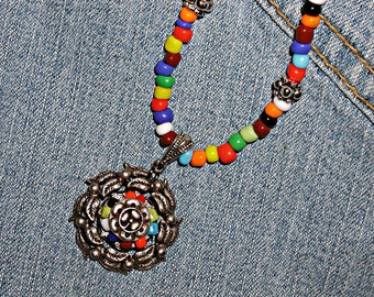 She's Like A Rainbow Necklace - Multi Color Glass Seed Beads, Hippie ET-HPE-RLB-N1