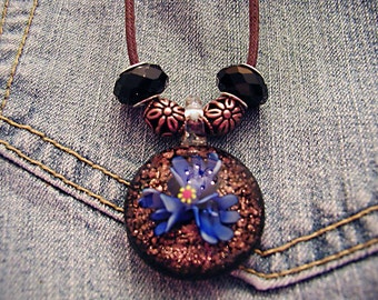 Cotton Cord Slide Bead Necklace   Blue Flower Pendant ET-BOBO-N2