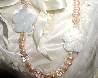 Vintage Wedding Bliss- Pearl Mother of Pearl Shell Neckace & Earrings Set OOAK ET-VWB-N-Set