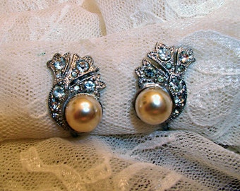 Vintage Pearl Rhinestone Sterling Swirl Earrings - ET-VPRS-E