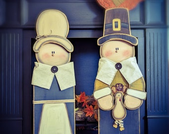 Standing Wood Pilgrim Set/3 feet tall/Primitive Thanksgiving Decor/Made PER Order NOT ready to ship