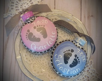 Personalized Hand Painted  Baby Ornaments/Baby Feet/Size Medium Disc/Made PER Order NOT ready to ship