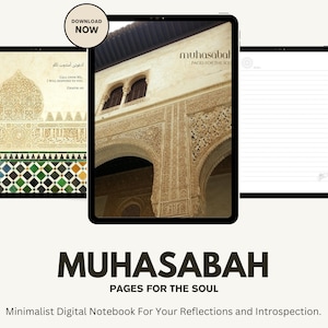 Pode incluir: Caderno digital com o texto "MUHASABAH PAGES FOR THE SOUL" exibido em um tablet. A imagem mostra um edifício histórico e uma página com papel pautado. As palavras "Baixar agora" também são visíveis.
