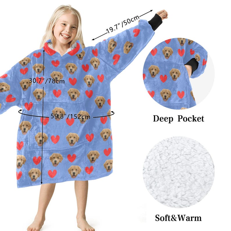 Pu&ograve; includere: Una coperta con cappuccio blu chiaro con facce di golden retriever e cuori rossi. La coperta ha una tasca profonda ed &egrave; larga 152 cm, alta 78 cm e 50 cm per le maniche. La coperta &egrave; morbida e calda.