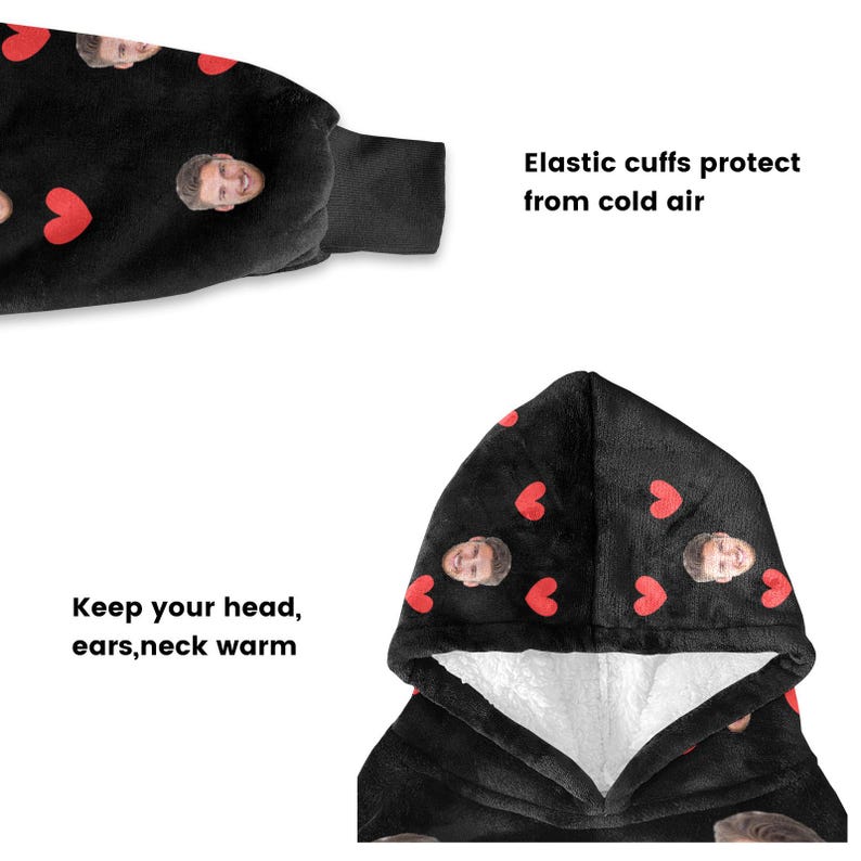 Pu&ograve; includere: Coperta con cappuccio nera con interno bianco, decorata con cuori rossi e volti. Il testo "Keep your head, ears, neck warm" e "Elastic cuffs protect from cold air" sono visibili.