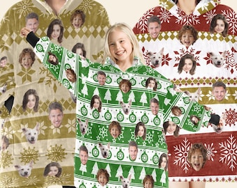 Conjunto de manta y sudadera con capucha personalizada para toda la familia: manta personalizada para usar con cara, regalo de Navidad