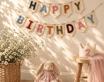 Happy Birthday Banner Garland, Rainbow Birthday Party Deco, Custom Name Birthday Bunting