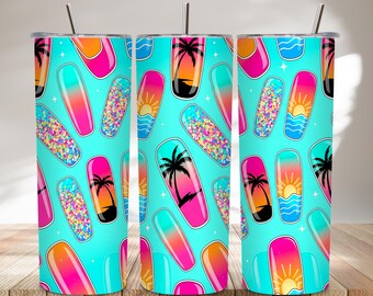 Summer Beach Nails 20oz beker wrap png, tropische zonsondergang glitter nailart sublimatieontwerp