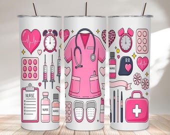 Roze verpleegbeker wrap png, medische sublimatiekunst (digitale download, 20oz 9,3 x 8,2 in