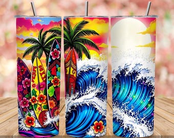 Tropische surfplank omslagdoek, Hawaii-zonsondergang, bloemen oceaangolf (digitale png-download)