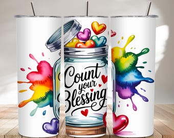Count Your Blessings Tumbler Wrap, christelijke aquarelharten (digitale png-download)