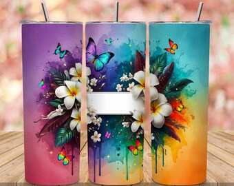 Regenbogen Schmetterling Plumeria Becher Wrap | Aquarell Sublimationsdruck (Digitaler Download)