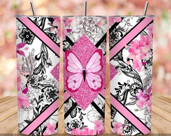 Elegant vlinderbloemdessin - 20 oz bekerverpakking, png-sublimatie