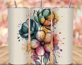 Aquarel bloemen beker wrap, boho bloem sublimatie ontwerp (digitale png-download)