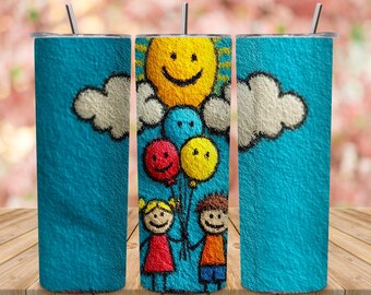 Glückliche Kinder Buntstift Zeichnung Sonnenballon 20 Unzen Sublimation PNG Tumbler Wrap Design