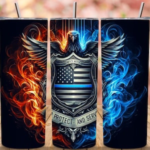 May include: Three black insulated tumblers with a stainless steel straw. Each tumbler features a design with an eagle, American flag, and the words "Protect and Serve." One side has orange flames, the other blue flames.