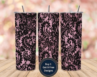 Rosa schwarzes Spitzenmuster 20 Unzen Tumbler Wrap PNG Floral Vintage Texture Design Sublimation 20 Unzen Skinny Tumbler Wrap
