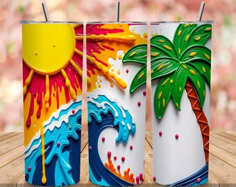 3D Tropische Sommerwelle Sonnenpalme Farbtropfen 20 Unzen Sublimation PNG Wrap Design
