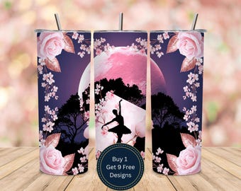 Ballerina Moon Tumbler Wrap PNG, Pink Ballet Floral Sublimation Design (Digital Download)