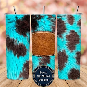 May include: Three stainless steel tumblers with lids and straws. The tumblers feature a turquoise and brown faux fur design. One tumbler has a brown leather patch. A circular sticker with text is visible.