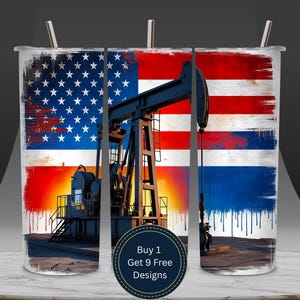 May include: A stainless steel tumbler featuring an American flag design with a distressed effect. The design includes an oil pump jack in the center. The tumbler has a straw and a black lid. The tumbler has a promotional message.
