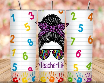 Teacher Life 20oz bekerverpakking, png | Rommelig broodje, kleurrijke cijfers (digitale download)