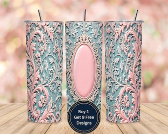 Rivestimento per bicchiere termico da 20 oz con medaglione ovale, volute floreali rosa PNG, sublimazione, motivo vintage di lusso, rivestimento per bicchiere termico sottile da 20 oz