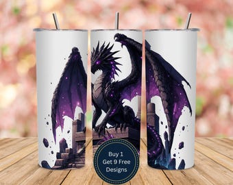 Dark Dragon Tumbler Wrap PNG, Gothic Fantasy Art, illustratie paarse gloed beest (digitale download)