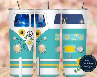 Retro bekerverpakking voor camper, hippie-zonnebloemsublimatieontwerp (digitale download)